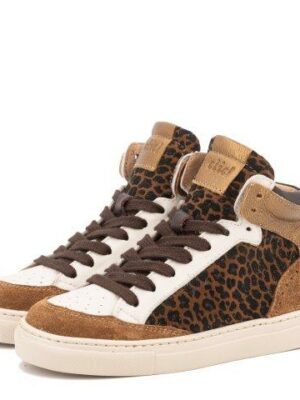 Clic! Halfhoge sneaker cognac met wit en panterprint