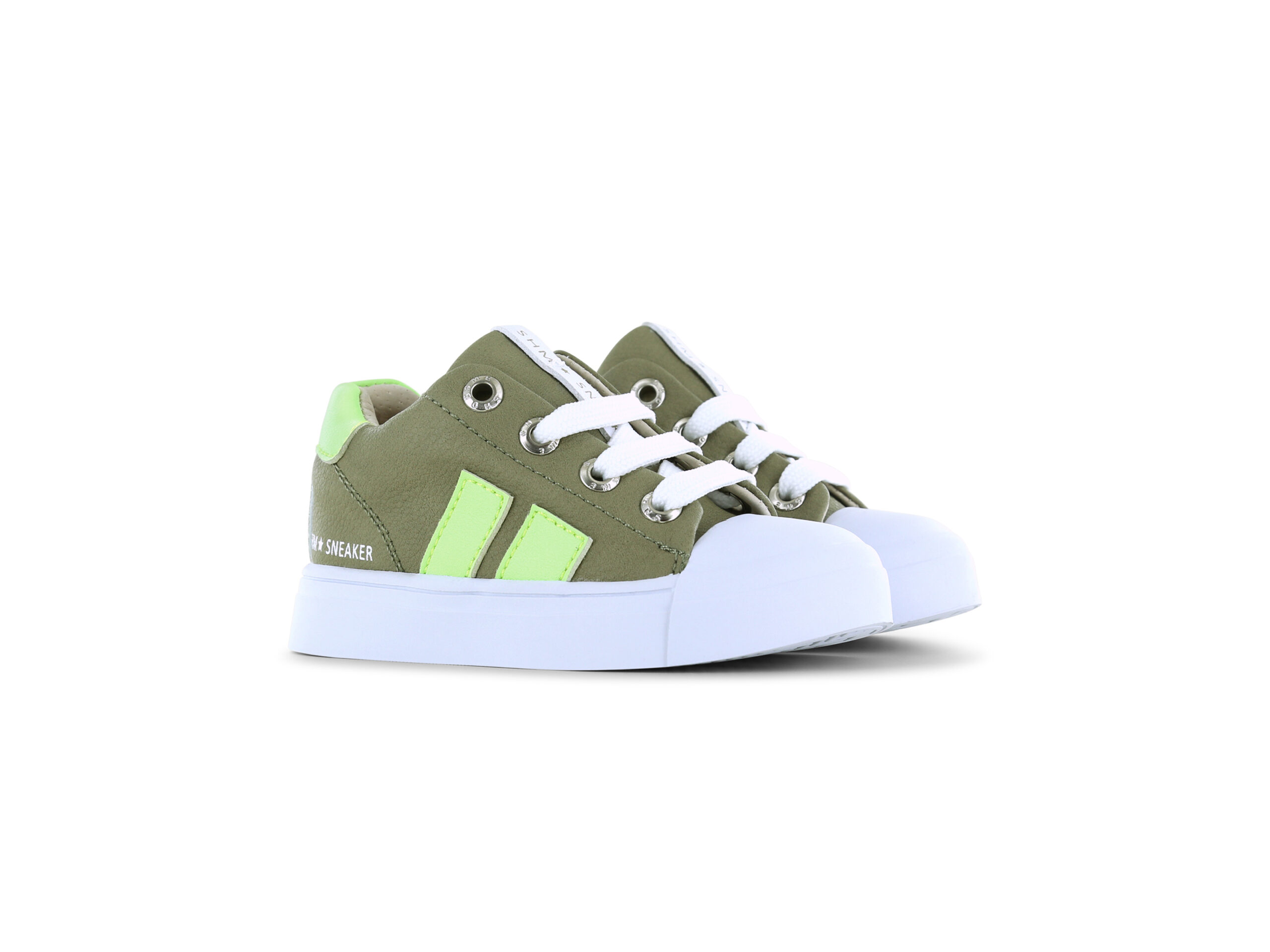 Shoesme olijfgroene sneaker met felgroene striping