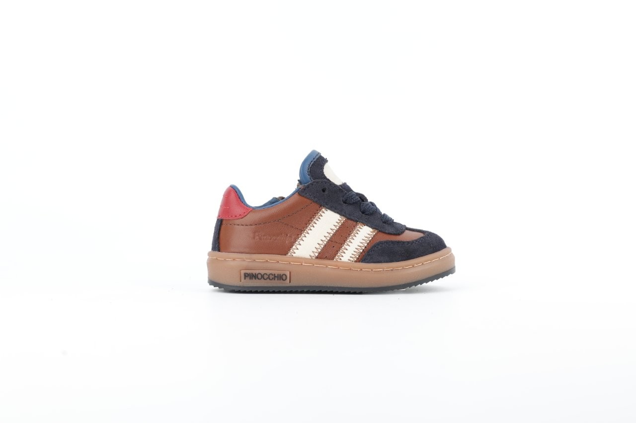 Pinocchio sneaker // donkerblauw met cognac en rood