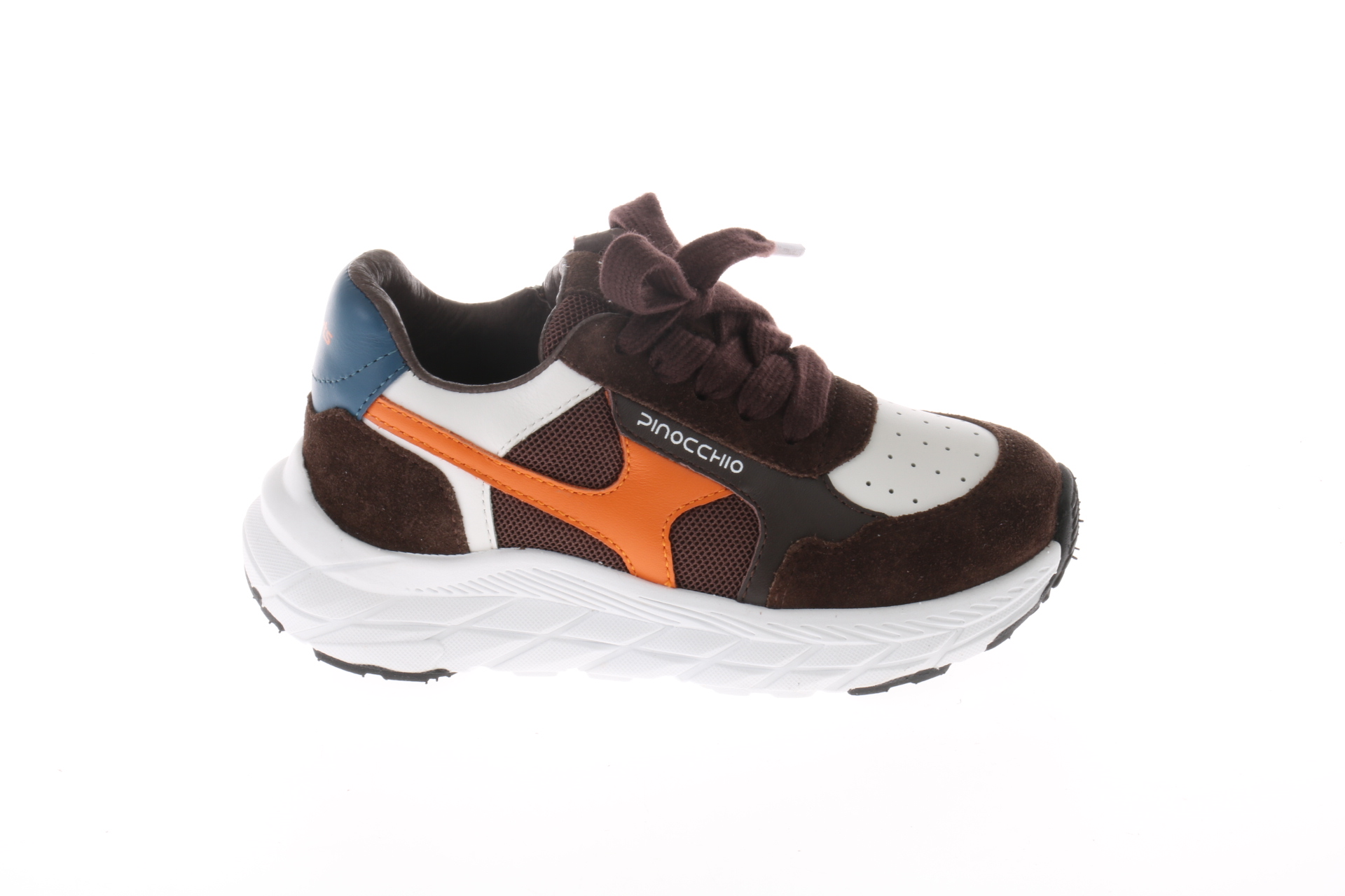 Pinocchio sneaker // donkerbruin met wit en oranje
